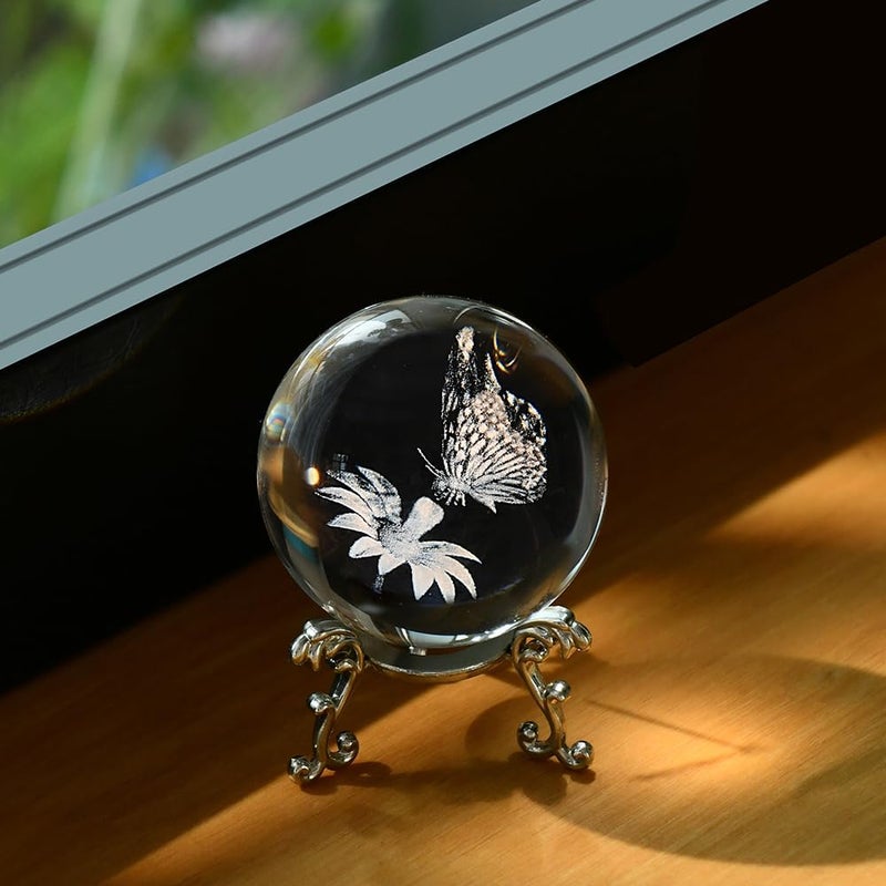 ZRENJHUS 3D Butterfly Crystal Ball Butterfly on Sunflower in Glass Ball 60mm Decorative Glass Ball with Stand Gifts for Women Girlfriend Wife Mom Couple Her - Image 5